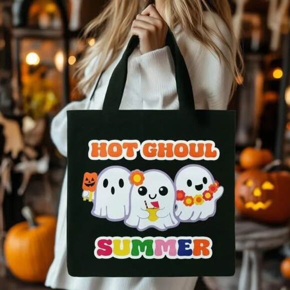 NEW Adorable “Hot Ghoul Summer” Graphic Halloween Black Canvas Tote Bag - Picture 5 of 6